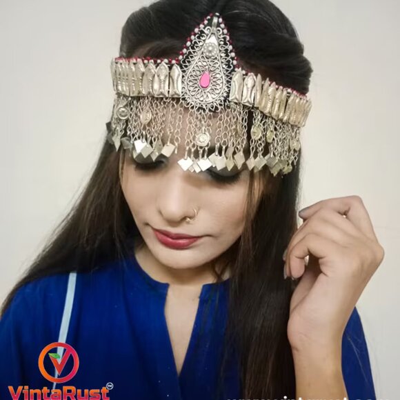 Afghan Ethnic Headpiece With Pink Glass Teardrop Centre, Turkmen Matha Patti